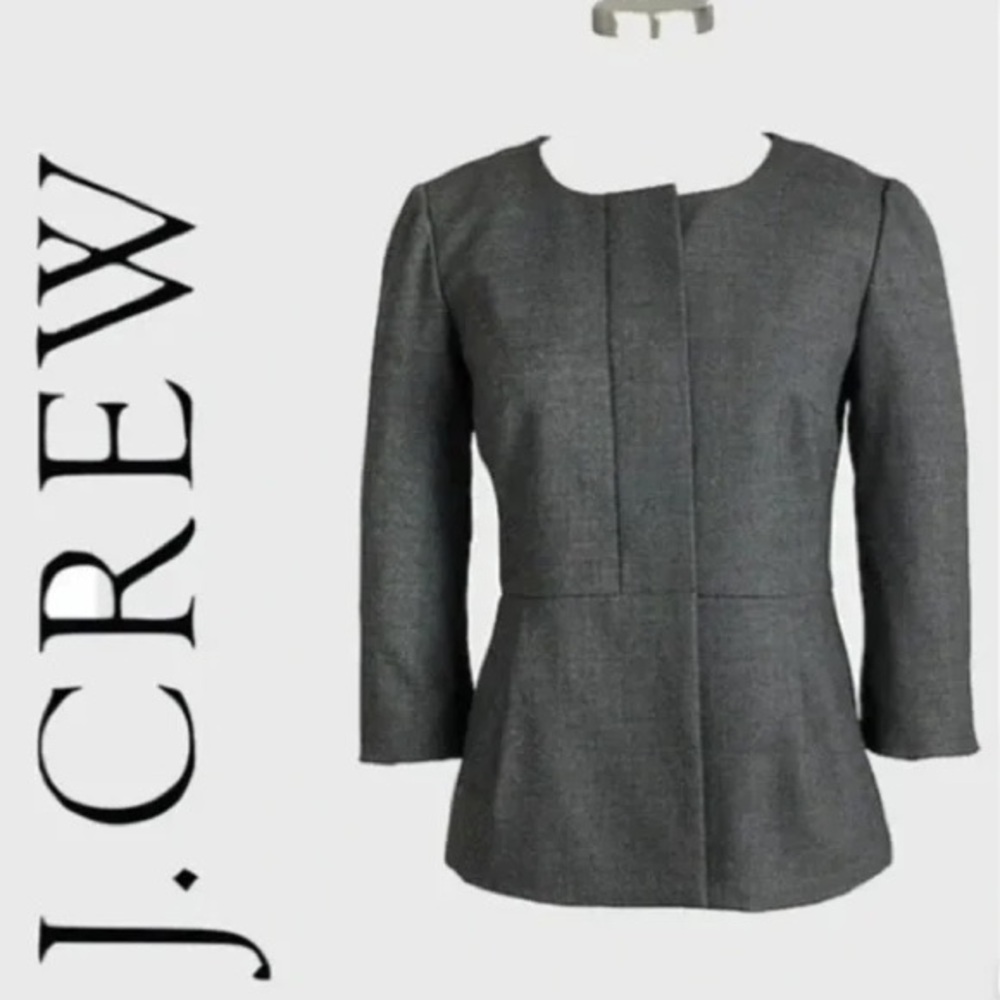 J. Crew Suiting Pleated Peplum Wool Grey Blazer Jacket Size 00 Career Chic Prep